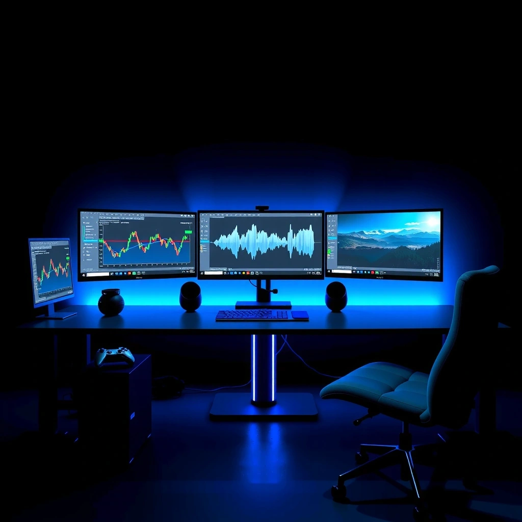 Minimalist workspace with clean design and neon accents